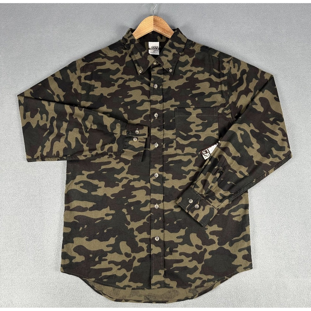 Open Trails Shirt Mens Medium Green Woodland Camo Brushed Flannel Hunting New